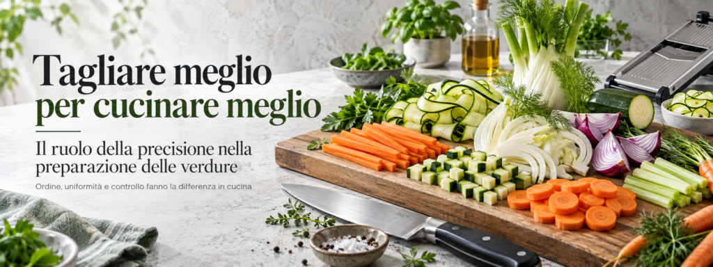 Julienne, rondelle, cubetti, fette: dietro il modo in cui viene tagliato un ortaggio non c’è soltanto una scelta estetica. La geometria dell’ingrediente influenza il comportamento in cottura e, quando i volumi aumentano, anche l’organizzazione della brigata.